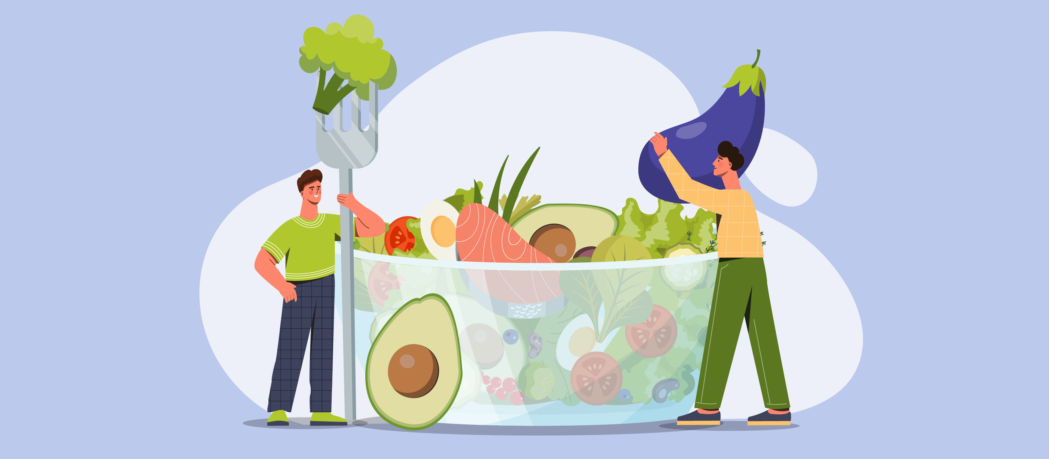 The image depicts a vibrant and stylized illustration centered around the concept of healthy eating and a bountiful salad.